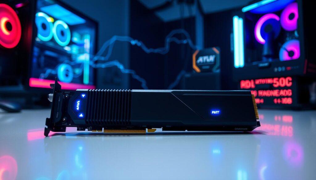 A high-tech PCIe 5.0 SSD displayed prominently in the foreground, showcasing its sleek design with heat spreaders and LED indicators glowing softly in blue and white. The SSD is positioned on a reflective surface, casting subtle reflections beneath it. In the middle ground, an abstract representation of data flow can be seen with glowing lines and data packets illustrating high-speed transfers. The background features a modern gaming setup, with a dark and slightly blurred atmosphere, highlighted by RGB lighting from a gaming tower and monitors. The scene is illuminated with soft, cool lighting to create a futuristic and dynamic mood, captured from a slightly angled overhead perspective. The overall focus is on the technical sophistication of the SSD and its compatibility with advanced storage technologies.