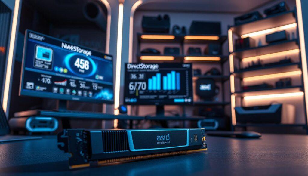 A high-tech workspace showcasing storage upgrades for system optimization, with a focus on NVMe Gen 4 and Gen 5 SSDs. In the foreground, a sleek NVMe SSD is displayed prominently, highlighting its intricate design and heat sink. The middle ground features a modern desktop setup with a monitor displaying storage performance metrics and graphics illustrating DirectStorage benefits. In the background, shelves display various storage components, illuminated by soft, ambient LED lighting that creates a futuristic atmosphere. The overall color palette should be cool and tech-inspired, with shades of blue and silver. Capture the image from a slight low angle to add depth, emphasizing the importance of these components in gaming performance. A high-tech workspace showcasing storage upgrades for system optimization, with a focus on NVMe Gen 4 and Gen 5 SSDs. In the foreground, a sleek NVMe SSD is displayed prominently, highlighting its intricate design and heat sink. The middle ground features a modern desktop setup with a monitor displaying storage performance metrics and graphics illustrating DirectStorage benefits. In the background, shelves display various storage components, illuminated by soft, ambient LED lighting that creates a futuristic atmosphere. The overall color palette should be cool and tech-inspired, with shades of blue and silver. Capture the image from a slight low angle to add depth, emphasizing the importance of these components in gaming performance.