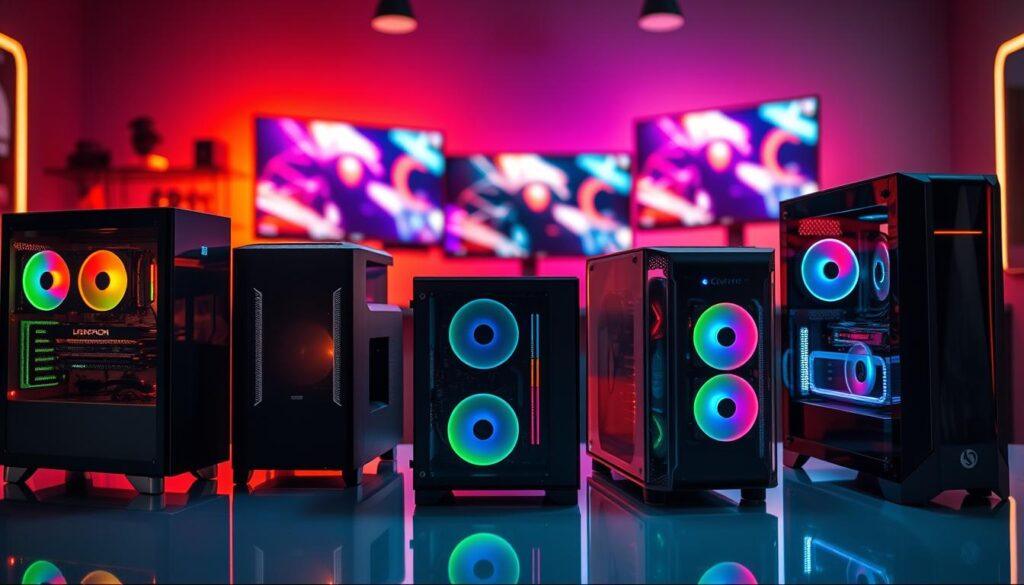 A modern custom gaming computer case selection beautifully displayed on a sleek, polished tabletop. In the foreground, showcase a variety of cases with transparent side panels revealing vibrant RGB lighting that accentuates their internal components, emphasizing innovative airflow designs. Several cases should feature advanced cable management systems, highlighting neat organization and aesthetics. In the middle background, softly blurred, a well-lit gaming setup is visible with dual monitors displaying high-performance gaming visuals. The atmosphere is dynamic and tech-focused, with warm and cool lighting contrasting to create an inviting environment. The image should be captured from a slightly elevated angle, simulating a professional product showcase, ensuring no text or distractions are present. A modern custom gaming computer case selection beautifully displayed on a sleek, polished tabletop. In the foreground, showcase a variety of cases with transparent side panels revealing vibrant RGB lighting that accentuates their internal components, emphasizing innovative airflow designs. Several cases should feature advanced cable management systems, highlighting neat organization and aesthetics. In the middle background, softly blurred, a well-lit gaming setup is visible with dual monitors displaying high-performance gaming visuals. The atmosphere is dynamic and tech-focused, with warm and cool lighting contrasting to create an inviting environment. The image should be captured from a slightly elevated angle, simulating a professional product showcase, ensuring no text or distractions are present.
