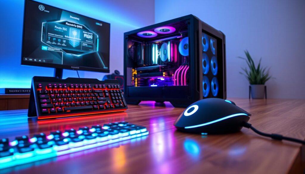 A sleek gaming rig build showcased on a polished wooden desk. In the foreground, a high-end gaming keyboard and mouse with RGB lighting glow vividly. In the middle, tower components such as a powerful GPU, Samsung SSDs, and sleek DDR5 RAM modules are prominently displayed, shimmering under soft LED lights. The cables are neatly organized with vibrant cable management, emphasizing a clean aesthetic. The background features a stylized gaming monitor displaying performance metrics, with the room illuminated by ambient blue lighting that enhances the techy atmosphere. The overall mood conveys excitement and cutting-edge technology, captured from a slightly elevated angle to highlight the components in full detail. A sleek gaming rig build showcased on a polished wooden desk. In the foreground, a high-end gaming keyboard and mouse with RGB lighting glow vividly. In the middle, tower components such as a powerful GPU, Samsung SSDs, and sleek DDR5 RAM modules are prominently displayed, shimmering under soft LED lights. The cables are neatly organized with vibrant cable management, emphasizing a clean aesthetic. The background features a stylized gaming monitor displaying performance metrics, with the room illuminated by ambient blue lighting that enhances the techy atmosphere. The overall mood conveys excitement and cutting-edge technology, captured from a slightly elevated angle to highlight the components in full detail.