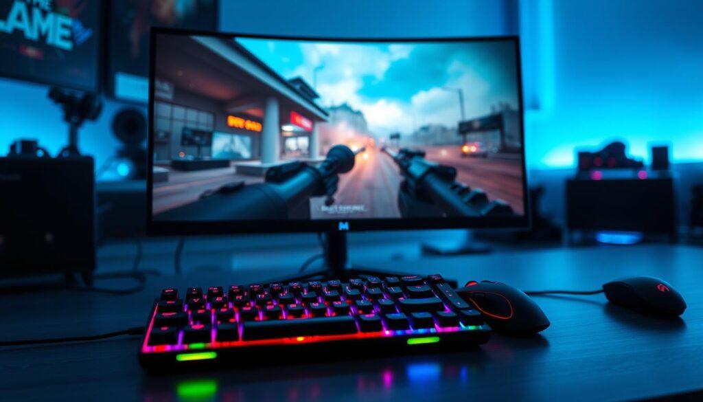 A sleek gaming setup featuring a high-resolution monitor displaying vibrant graphics, showcasing a first-person shooter game in action. In the foreground, a modern gaming keyboard and mouse are illuminated with RGB lighting, subtly reflecting a spectrum of colors. The middle ground emphasizes the monitor's impressive details, highlighting its ultra-slim bezel and curved panel technology. The background can include soft ambient lighting with a deep blue hue, creating an immersive atmosphere that emphasizes the cutting-edge technology. The scene should be captured from a slightly elevated angle, providing a dynamic view of the hardware. The overall mood should evoke excitement and performance, appealing to dedicated gamers looking to enhance their setup. A sleek gaming setup featuring a high-resolution monitor displaying vibrant graphics, showcasing a first-person shooter game in action. In the foreground, a modern gaming keyboard and mouse are illuminated with RGB lighting, subtly reflecting a spectrum of colors. The middle ground emphasizes the monitor's impressive details, highlighting its ultra-slim bezel and curved panel technology. The background can include soft ambient lighting with a deep blue hue, creating an immersive atmosphere that emphasizes the cutting-edge technology. The scene should be captured from a slightly elevated angle, providing a dynamic view of the hardware. The overall mood should evoke excitement and performance, appealing to dedicated gamers looking to enhance their setup.
