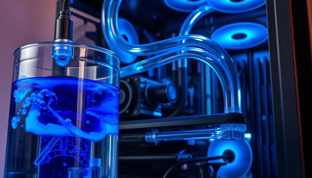 A close-up view of a custom liquid cooling loop system, showcasing the intricate details of its components. In the foreground, highlight a transparent reservoir filled with vibrant blue coolant, with LED lighting illuminating the liquid's movement. The middle layer features meticulously arranged tubing, connecting a high-performance pump and a CPU water block, demonstrating an optimal flow path. The background should display a sleek, modern PC case with an open side panel, revealing the cooling loop intricacies. Use dramatic, cool lighting to emphasize the technology's sophistication, while a slightly blurred effect makes the background recede, creating depth. The mood is high-tech and professional, evoking a sense of reliability and precision in thermal management. A close-up view of a custom liquid cooling loop system, showcasing the intricate details of its components. In the foreground, highlight a transparent reservoir filled with vibrant blue coolant, with LED lighting illuminating the liquid's movement. The middle layer features meticulously arranged tubing, connecting a high-performance pump and a CPU water block, demonstrating an optimal flow path. The background should display a sleek, modern PC case with an open side panel, revealing the cooling loop intricacies. Use dramatic, cool lighting to emphasize the technology's sophistication, while a slightly blurred effect makes the background recede, creating depth. The mood is high-tech and professional, evoking a sense of reliability and precision in thermal management.