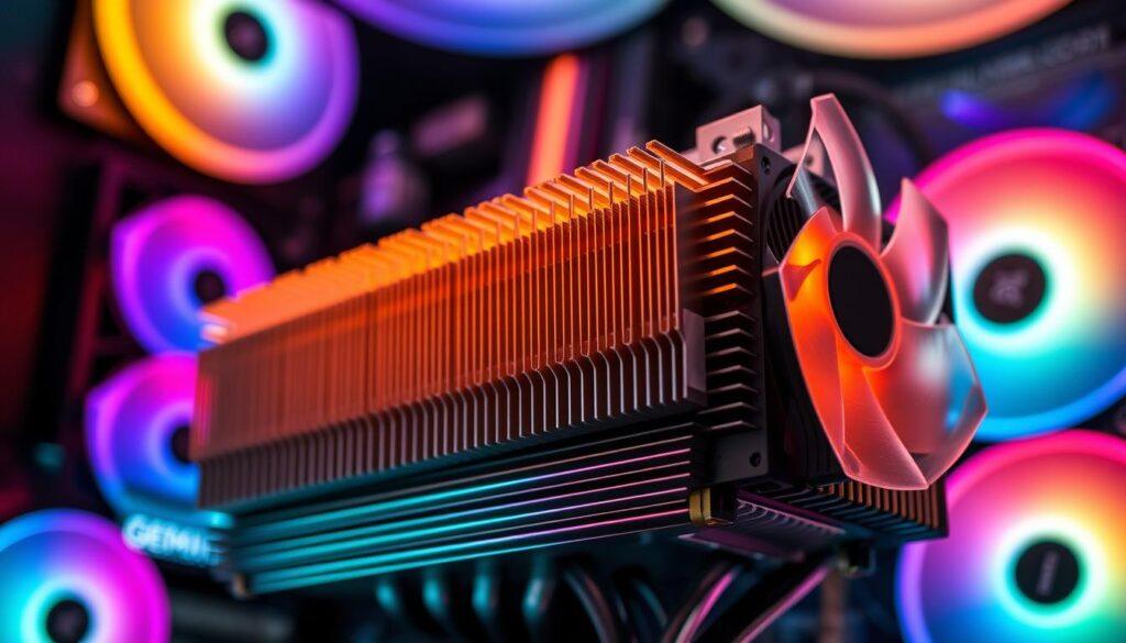 A close-up view of a high-performance SSD cooling solution, showcasing a detailed heatsink with intricate fins and heat pipes, reflecting thermal dynamics with a smooth metallic finish. Surrounding the heatsink, a powerful fan with translucent blades circulates airflow, creating a sense of cooling efficiency. The background features a blurred image of a gaming PC chassis, filled with RGB lighting that enhances the modern tech atmosphere. Soft, ambient lighting accentuates the textures, while a slightly low angle emphasizes the imposing design of the cooling solution. The overall mood conveys innovation and high-tech performance, suitable for gamers concerned about component temperatures and noise levels.