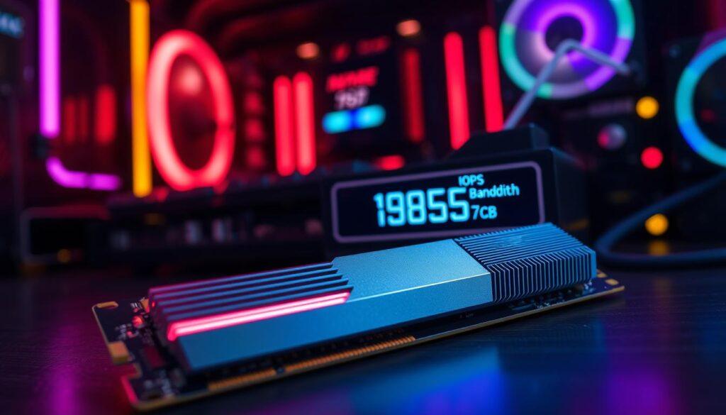 A close-up view of an NVMe Gen5 SSD, showcasing its intricate circuitry and thermal design. In the foreground, the SSD is prominently displayed with a sleek, metallic finish, highlighting the cooling fins and heat spreader glowing with subtle red and blue hues, indicating high performance. The middle ground features a digital readout of the SSD's IOPS and bandwidth metrics, enhancing the technical aspect of the image. In the background, a blurred gaming setup with RGB lighting creates an immersive atmosphere, emphasizing a high-tech environment. The lighting is soft but focused, accentuating the SSD’s details, while a slight lens flare adds a modern touch. The overall mood is dynamic and futuristic, capturing the essence of cutting-edge technology in gaming.