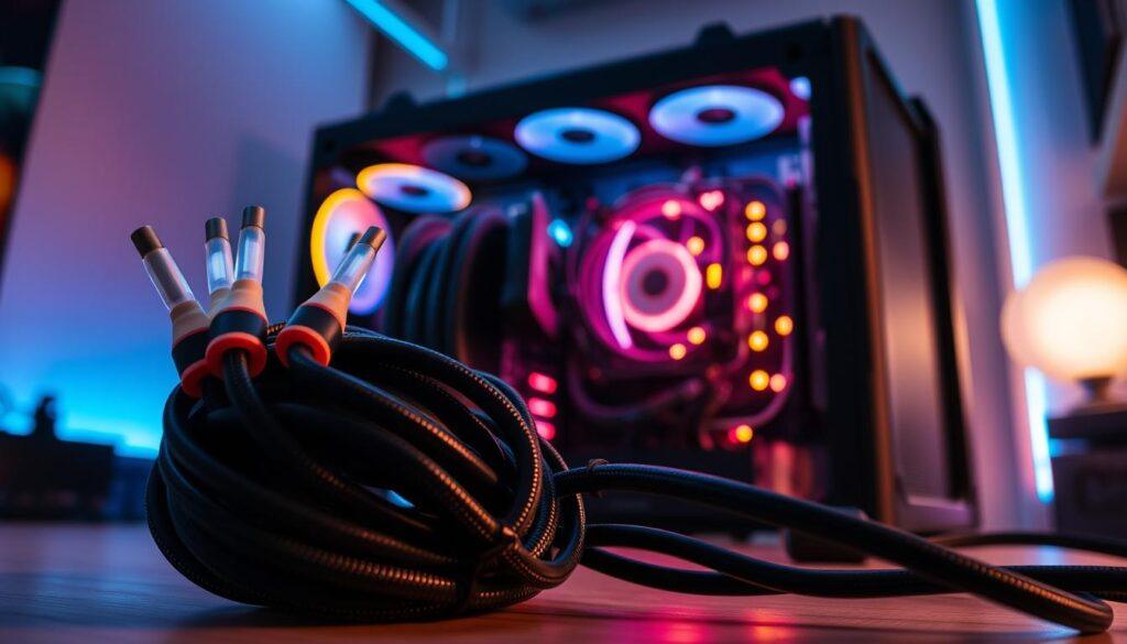 A compact gaming PC setup showcasing advanced cable management strategies in a small form factor case. In the foreground, highlight neatly bundled custom cables with color-coordinated sleeves and subtle LED lighting, demonstrating optimal routing techniques. The middle ground features a miniature gaming PC with its side panel transparent, showcasing intricate internal wiring, carefully organized to maximize airflow and aesthetic appeal. In the background, soft ambient lighting creates a modern, tech-savvy atmosphere, enhancing the focus on the cables and components. Capture this scene from a low angle to emphasize the depth of the setup, ensuring a professional and appealing visual that resonates with tech enthusiasts and DIY builders. A compact gaming PC setup showcasing advanced cable management strategies in a small form factor case. In the foreground, highlight neatly bundled custom cables with color-coordinated sleeves and subtle LED lighting, demonstrating optimal routing techniques. The middle ground features a miniature gaming PC with its side panel transparent, showcasing intricate internal wiring, carefully organized to maximize airflow and aesthetic appeal. In the background, soft ambient lighting creates a modern, tech-savvy atmosphere, enhancing the focus on the cables and components. Capture this scene from a low angle to emphasize the depth of the setup, ensuring a professional and appealing visual that resonates with tech enthusiasts and DIY builders.