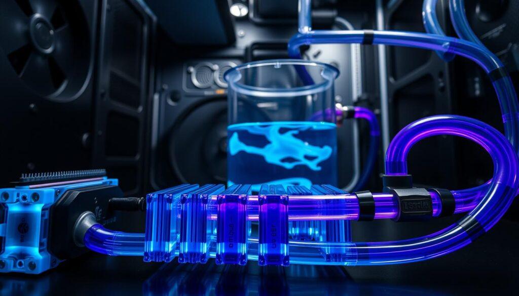 A detailed and intricate layout of a custom liquid cooling loop for a computer system, showcasing the sequence of components including the reservoir, pump, radiators, water blocks, and the bleed, fill, and drain ports. In the foreground, highlight the glossy water blocks and vibrant tubing, showcasing a color gradient of blue and purple. The middle ground features a transparent reservoir filled with cooling liquid, surrounded by neatly arranged tubes and fittings. The background displays a dimly lit workspace, adding a subtle industrial vibe with soft shadows. The atmosphere is one of precision and engineering, invoking a sense of careful planning and maintenance. Use a wide-angle perspective, with soft diffused lighting to bring out the textures and details without harsh reflections. A detailed and intricate layout of a custom liquid cooling loop for a computer system, showcasing the sequence of components including the reservoir, pump, radiators, water blocks, and the bleed, fill, and drain ports. In the foreground, highlight the glossy water blocks and vibrant tubing, showcasing a color gradient of blue and purple. The middle ground features a transparent reservoir filled with cooling liquid, surrounded by neatly arranged tubes and fittings. The background displays a dimly lit workspace, adding a subtle industrial vibe with soft shadows. The atmosphere is one of precision and engineering, invoking a sense of careful planning and maintenance. Use a wide-angle perspective, with soft diffused lighting to bring out the textures and details without harsh reflections.