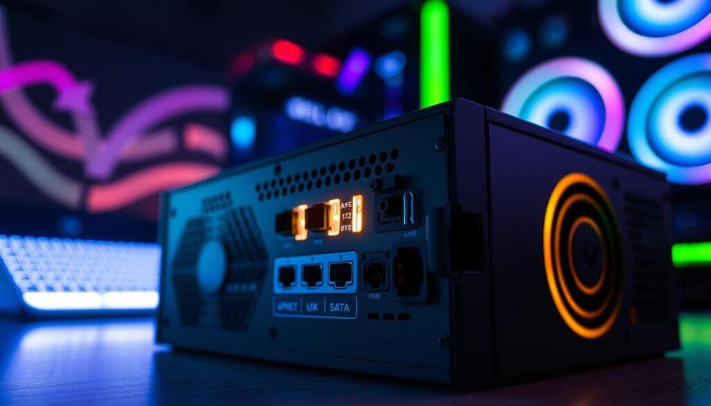 A detailed and modern gaming power supply unit (PSU) for 2025, showcased in close-up. The foreground features the PSU with illuminated connectors, highlighting the 8-pin, 12+4-pin, SATA, and peripheral power ports, all elegantly arranged. In the middle, a faint glow emanates from the connections, emphasizing their importance in gaming performance. The background is a sleek gaming setup, subtly blurred to keep focus on the PSU, with ambient RGB lighting that enhances a tech-savvy atmosphere. The scene is lit with a combination of cool and warm tones, evoking a sense of advanced technology and reliability. The angle is slightly above eye level, capturing the PSU's design details effectively while creating a professional and polished look without any text or watermarks. A detailed and modern gaming power supply unit (PSU) for 2025, showcased in close-up. The foreground features the PSU with illuminated connectors, highlighting the 8-pin, 12+4-pin, SATA, and peripheral power ports, all elegantly arranged. In the middle, a faint glow emanates from the connections, emphasizing their importance in gaming performance. The background is a sleek gaming setup, subtly blurred to keep focus on the PSU, with ambient RGB lighting that enhances a tech-savvy atmosphere. The scene is lit with a combination of cool and warm tones, evoking a sense of advanced technology and reliability. The angle is slightly above eye level, capturing the PSU's design details effectively while creating a professional and polished look without any text or watermarks.