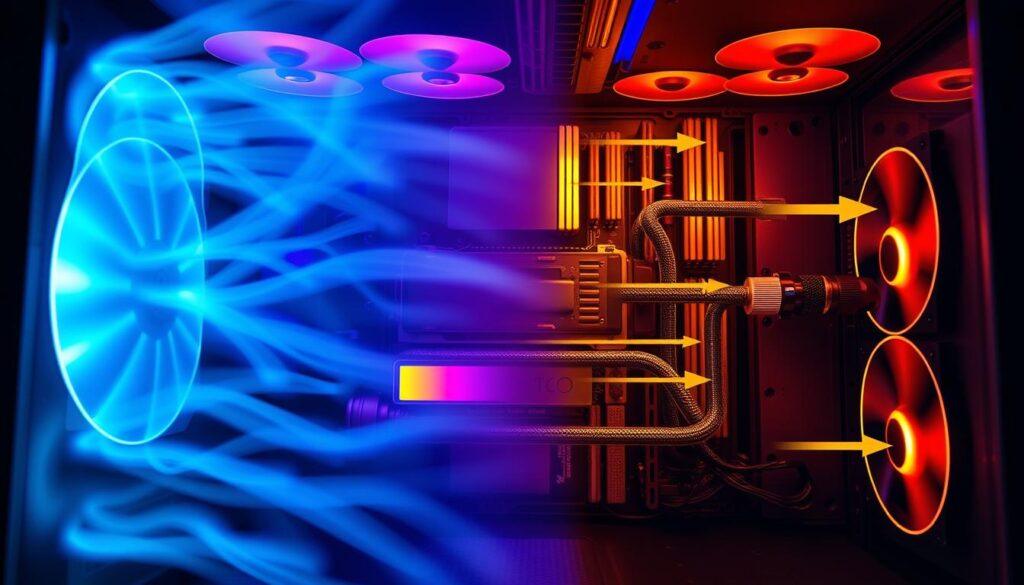A detailed and vivid illustration of "intake vs exhaust" airflow in a PC setup. In the foreground, a high-resolution close-up of a computer case with visible intake fans on one side pulling in cool air, contrasted with exhaust fans on the opposite side expelling warm air. The middle layer features components like thermistors and thermal imaging cameras monitoring temperatures, showcasing hotspot areas with color gradients. The background displays a well-structured PC environment, emphasizing airflow dynamics with fluid motion lines and arrows. Use dramatic, focused lighting to highlight temperature differences, with a slight lens distortion effect suggesting depth. The atmosphere feels technical and innovative, inviting viewers to explore the science of airflow in PCs without any distractions or text overlay.