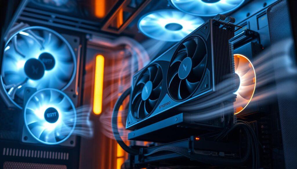 A detailed computer case interior showcasing effective airflow design, with a focus on vertically mounted GPUs on risers, preventing heat recycling. In the foreground, highlight the crystalline surfaces of the GPUs, emphasizing heat sinks and ventilation. The middle ground should feature an organized arrangement of cables and fans, with a realistic depiction of air flowing, illustrated using subtle visual effects. The background should present a softly lit case, highlighting its structure and materials, with a hint of ambient glow to suggest active cooling. Use dramatic yet professional lighting to create depth, while maintaining a sleek and modern aesthetic. The mood is technical and innovative, perfect for a high-performance PC environment.