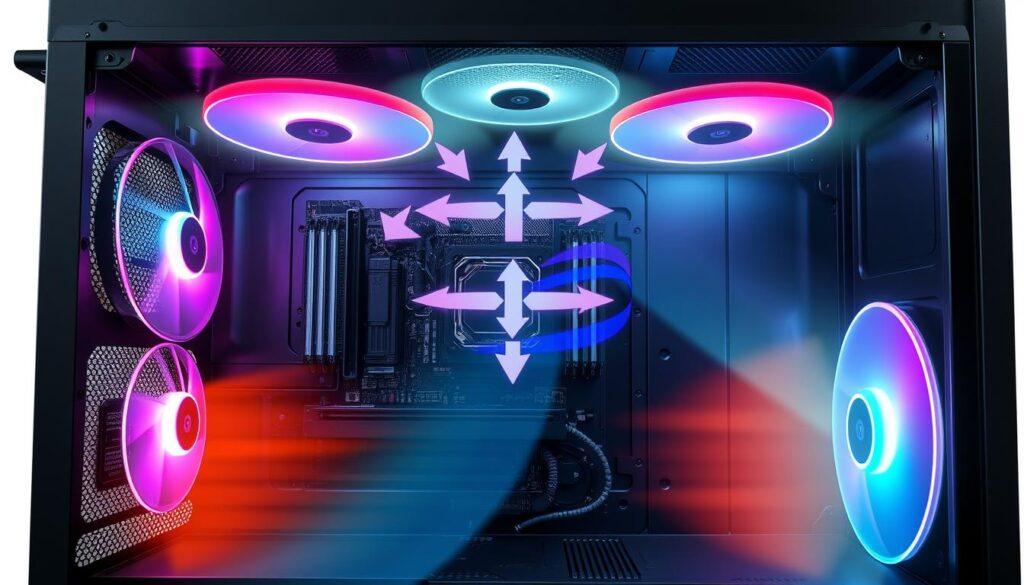 A detailed cross-section of a modern PC case, showcasing case airflow dynamics. In the foreground, transparent panels reveal the interior components, including RGB-lit fans and a well-organized motherboard. The middle section displays airflow arrows indicating positive and negative pressure, with mesh and glass components highlighted. The background features a subtle gradient lighting effect that emphasizes the cooling system's efficiency, creating a high-tech atmosphere. Use a wide-angle perspective to capture the full scope of airflow patterns, with a focus on clarity and depth. The overall mood is energetic and innovative, showcasing the science behind effective PC cooling systems, with a clean, professional look devoid of distractions.
