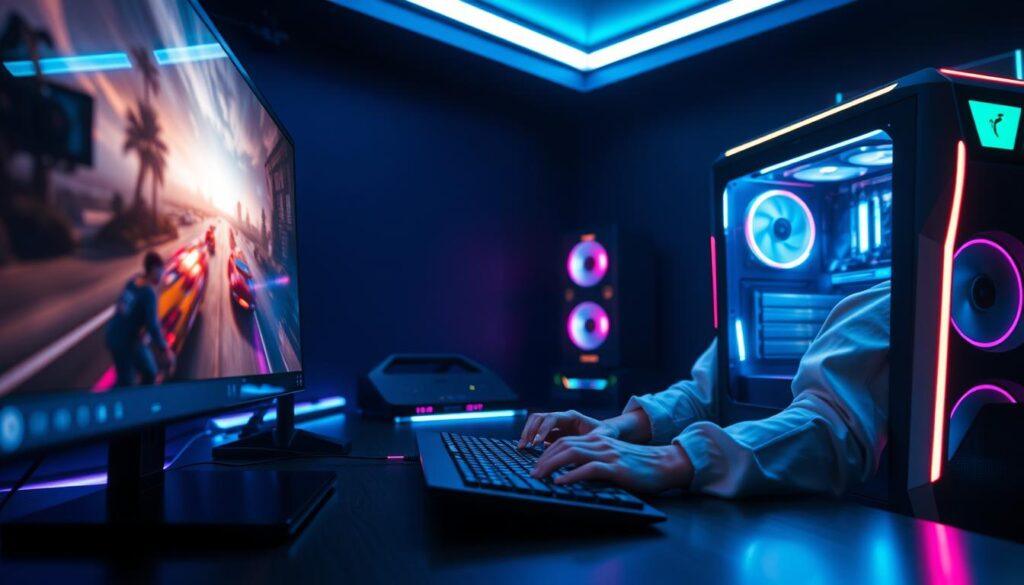 A futuristic gaming setup showcasing advanced ray reconstruction technology in action. In the foreground, a sleek, high-end gaming monitor displays a beautifully rendered game scene with realistic lighting, reflections, and shadows. Midground features a powerful gaming PC, illuminated with RGB lights, showcasing its cutting-edge GPU. The background is a dimly lit room, with blue and purple neon accents creating a vibrant atmosphere. A professional gamer, dressed in a stylish yet modest outfit, sits intently at the desk, hands on the keyboard, embodying focus and excitement. The lighting highlights the intricate details of the hardware, giving it a polished, high-tech feel. The overall mood is intense and dynamic, reflecting the high stakes of modern gaming technology and performance.