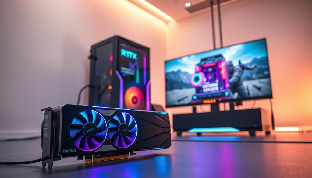 A futuristic gaming workstation setup in a sleek, modern environment. In the foreground, a high-end NVIDIA RTX graphics card is prominently displayed with luminous LED lights, showcasing its intricate details and branding. In the middle ground, a powerful gaming PC towers, cables neatly managed, with a vibrant RGB-lit case, reflecting the performance aspect of frame generation technology. The background features a large ultrawide monitor displaying stunning high-resolution gaming graphics, with visual hints of frame generation such as smooth motion trails and lifelike textures. Soft ambient lighting highlights the scene, creating an energetic and immersive mood, while a hint of digital interface elements subtly flashes in the background, emphasizing advanced technology. The perspective is slightly angled, capturing depth and sophistication without any text overlays or distractions.
