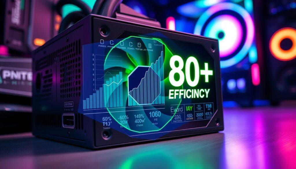 A high-tech close-up of a power supply unit (PSU) prominently featuring an "80+ Efficiency" certification label glowing with vibrant green light. In the foreground, focus on the PSU's sleek design, showcasing detailed circuitry and metallic finishes. In the middle ground, display a partially transparent overlay of various efficiency graphs and testing metrics, subtly blended to suggest performance statistics. In the background, a blurred gaming setup with RGB lighting emanates a dynamic atmosphere, emphasizing the gaming theme. Bright, cool lighting highlights the PSU, creating a professional and polished look. Ensure the overall mood conveys innovation and reliability, perfect for tech enthusiasts seeking performance. A high-tech close-up of a power supply unit (PSU) prominently featuring an "80+ Efficiency" certification label glowing with vibrant green light. In the foreground, focus on the PSU's sleek design, showcasing detailed circuitry and metallic finishes. In the middle ground, display a partially transparent overlay of various efficiency graphs and testing metrics, subtly blended to suggest performance statistics. In the background, a blurred gaming setup with RGB lighting emanates a dynamic atmosphere, emphasizing the gaming theme. Bright, cool lighting highlights the PSU, creating a professional and polished look. Ensure the overall mood conveys innovation and reliability, perfect for tech enthusiasts seeking performance.