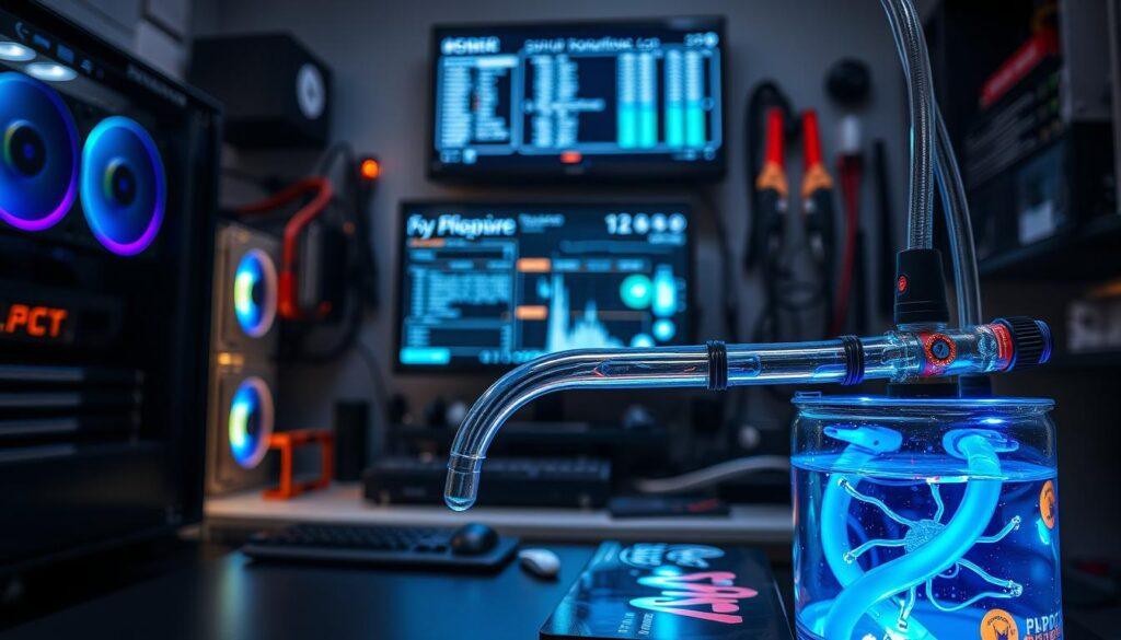 A high-tech computer workspace featuring a custom liquid cooling loop in the foreground, showcasing vibrant, flowing coolant with visible tubing and clear reservoir. The cooling loop integrates sensors for monitoring flow, temperature, and leak detection, all meticulously arranged. In the middle ground, a digital monitor displays real-time data logs and alerts, illuminated by soft blue LED light. The background features a modern workstation with tools and components associated with PC building, subtly lit to emphasize the cooling system. The atmosphere is sleek and professional, evoking innovation and precision in computer thermals, capturing the essence of performance and reliability in cooling systems. The image is sharply focused, with a slight depth of field effect to enhance the foreground details. A high-tech computer workspace featuring a custom liquid cooling loop in the foreground, showcasing vibrant, flowing coolant with visible tubing and clear reservoir. The cooling loop integrates sensors for monitoring flow, temperature, and leak detection, all meticulously arranged. In the middle ground, a digital monitor displays real-time data logs and alerts, illuminated by soft blue LED light. The background features a modern workstation with tools and components associated with PC building, subtly lit to emphasize the cooling system. The atmosphere is sleek and professional, evoking innovation and precision in computer thermals, capturing the essence of performance and reliability in cooling systems. The image is sharply focused, with a slight depth of field effect to enhance the foreground details.