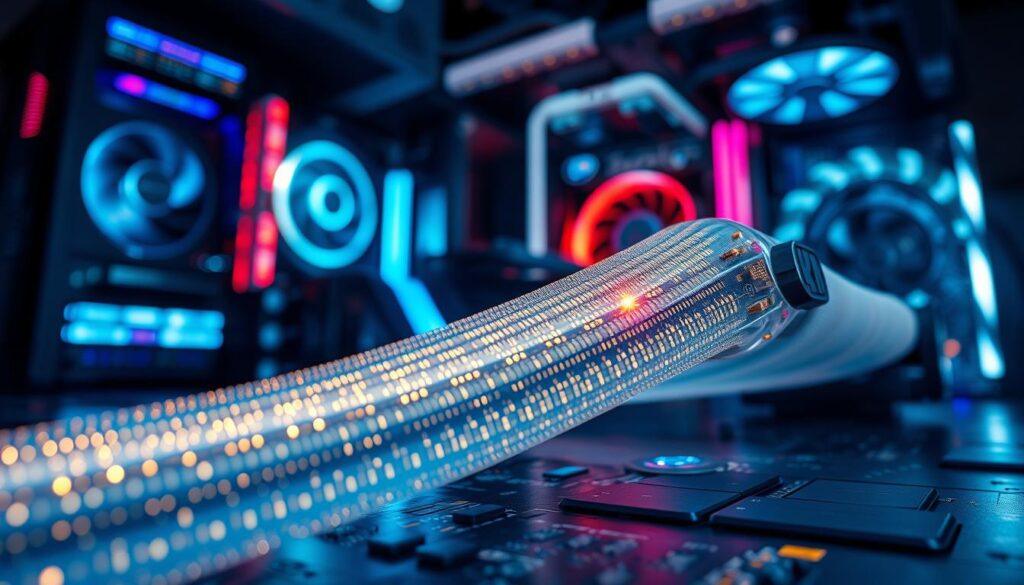 A high-tech workspace showcasing a close-up of a PCIe 5.0 riser card with visible signal integrity issues, featuring shimmering traces and connections revealing potential bandwidth problems. The foreground highlights the intricate details of the riser cable with a semi-transparent view, illustrating the complex circuitry and connectors. In the middle ground, a high-end gaming GPU is partially visible, emphasizing the relationship between the components. The background should feature blurred computer hardware and LED-lit components, adding to the futuristic feel. Dim, cool lighting illuminates the scene, casting soft shadows and creating a focused, technical atmosphere. Use a macro lens perspective to enhance the technical details, inviting viewers to explore the intricacies of signal integrity and data transfer challenges.