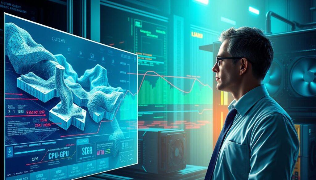 A highly detailed and technical illustration depicting the concept of "BVH traversal performance cost" in a digital environment. In the foreground, visualize a computer scientist in professional business attire, focused on a large, translucent screen displaying complex 3D models of ray-traced graphics. In the middle ground, graphically represented data streams and performance metrics pulse in vibrant colors, symbolizing CPU and GPU bottlenecks. The background showcases a high-tech GPU with glowing circuits and cooling fans, emphasizing its role in real-time rendering. Utilize dramatic lighting to create contrast, with soft blue and green hues illuminating the subject, while the rest of the scene remains more subdued. The atmosphere should convey a sense of urgency and innovation, highlighting the challenges faced in modern graphics processing. A highly detailed and technical illustration depicting the concept of "BVH traversal performance cost" in a digital environment. In the foreground, visualize a computer scientist in professional business attire, focused on a large, translucent screen displaying complex 3D models of ray-traced graphics. In the middle ground, graphically represented data streams and performance metrics pulse in vibrant colors, symbolizing CPU and GPU bottlenecks. The background showcases a high-tech GPU with glowing circuits and cooling fans, emphasizing its role in real-time rendering. Utilize dramatic lighting to create contrast, with soft blue and green hues illuminating the subject, while the rest of the scene remains more subdued. The atmosphere should convey a sense of urgency and innovation, highlighting the challenges faced in modern graphics processing.