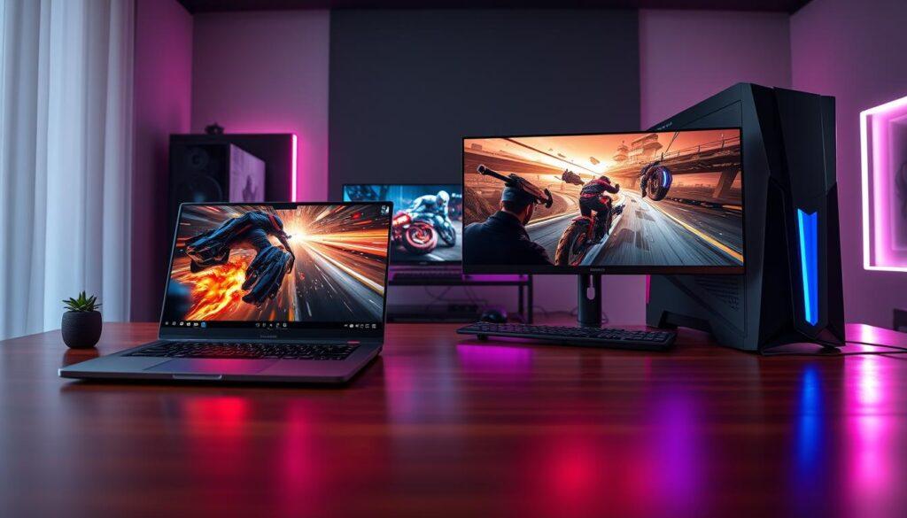 A side-by-side comparison of a sleek gaming laptop and a powerful desktop computer set in a modern workspace. In the foreground, the gaming laptop displays vibrant visuals on its high-resolution built-in screen, showcasing an action-packed gaming scene with detailed graphics and vibrant colors. The desktop features an expansive external monitor, displaying a contrasting scene that emphasizes superior visual fidelity, with sharper graphics and an immersive setup. The middle of the image highlights both devices on a polished wooden desk, adorned with gaming accessories. The background features soft ambient lighting and a stylish gaming room with LED accents. The scene conveys a sense of competition and innovation, illustrating the differences in display quality between laptop and desktop gaming. A side-by-side comparison of a sleek gaming laptop and a powerful desktop computer set in a modern workspace. In the foreground, the gaming laptop displays vibrant visuals on its high-resolution built-in screen, showcasing an action-packed gaming scene with detailed graphics and vibrant colors. The desktop features an expansive external monitor, displaying a contrasting scene that emphasizes superior visual fidelity, with sharper graphics and an immersive setup. The middle of the image highlights both devices on a polished wooden desk, adorned with gaming accessories. The background features soft ambient lighting and a stylish gaming room with LED accents. The scene conveys a sense of competition and innovation, illustrating the differences in display quality between laptop and desktop gaming.