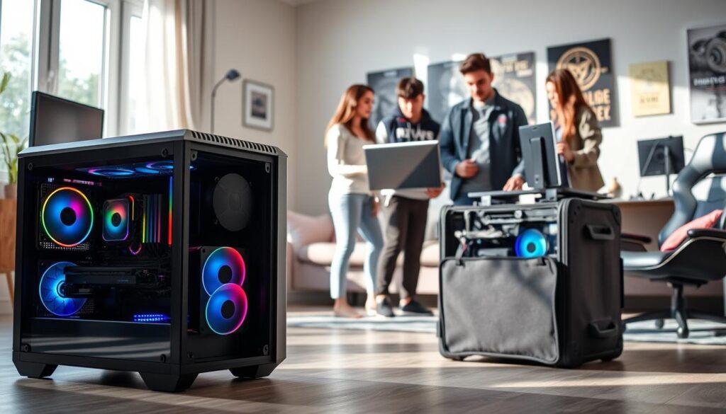 A sleek, modern ITX gaming PC setup in the foreground, showcasing its compact size and portability. The PC is open, revealing colorful internals with RGB lighting illuminating the components. In the middle ground, a group of young adults dressed in casual, professional attire are packing the PC into a travel-friendly case alongside gaming peripherals and monitors, emphasizing the ease of transportation for LAN parties. The background features a cozy living room with a subtle hint of a gaming setup, including a gaming chair and posters, enhancing the atmosphere of a gaming community. Natural lighting streams through a window, casting soft shadows and creating a welcoming ambiance, highlighting the theme of mobility and easy setup. The overall mood conveys excitement and camaraderie, perfect for gamers on the go. A sleek, modern ITX gaming PC setup in the foreground, showcasing its compact size and portability. The PC is open, revealing colorful internals with RGB lighting illuminating the components. In the middle ground, a group of young adults dressed in casual, professional attire are packing the PC into a travel-friendly case alongside gaming peripherals and monitors, emphasizing the ease of transportation for LAN parties. The background features a cozy living room with a subtle hint of a gaming setup, including a gaming chair and posters, enhancing the atmosphere of a gaming community. Natural lighting streams through a window, casting soft shadows and creating a welcoming ambiance, highlighting the theme of mobility and easy setup. The overall mood conveys excitement and camaraderie, perfect for gamers on the go.