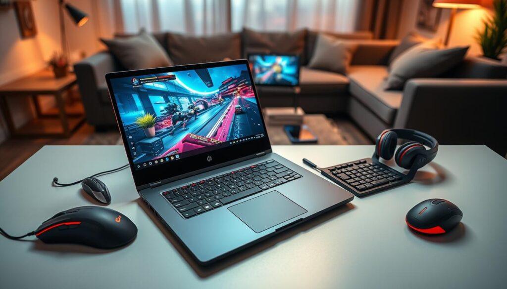 A sleek, modern gaming laptop prominently placed in the foreground, showcasing its vibrant screen displaying an immersive colorful game scene. Surrounding the laptop, various portable peripherals such as a compact gaming mouse and a foldable keyboard, emphasizing the convenience and mobility of portable gaming. In the middle ground, a stylish, minimalist desk setup with a smartphone and gaming headset to illustrate a streamlined ecosystem. The background features a cozy living space with soft, ambient lighting, creating a relaxed atmosphere. The angle is slightly overhead, highlighting the compact nature of the setup while maintaining the laptop's prominence. The mood is energetic yet inviting, reflecting the excitement of portable gaming in a modern context. A sleek, modern gaming laptop prominently placed in the foreground, showcasing its vibrant screen displaying an immersive colorful game scene. Surrounding the laptop, various portable peripherals such as a compact gaming mouse and a foldable keyboard, emphasizing the convenience and mobility of portable gaming. In the middle ground, a stylish, minimalist desk setup with a smartphone and gaming headset to illustrate a streamlined ecosystem. The background features a cozy living space with soft, ambient lighting, creating a relaxed atmosphere. The angle is slightly overhead, highlighting the compact nature of the setup while maintaining the laptop's prominence. The mood is energetic yet inviting, reflecting the excitement of portable gaming in a modern context.