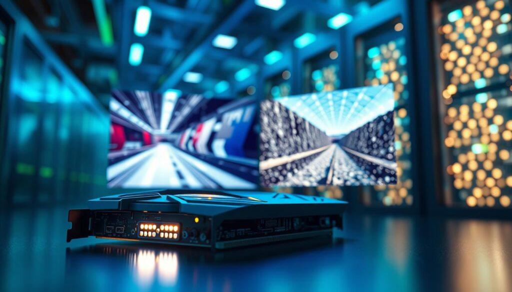 An advanced digital graphic showcasing the concepts of denoising in graphics processing. In the foreground, a sleek GPU is depicted, intricately designed with visible circuitry, glowing softly. The middle ground features a vibrant split-screen comparison of a ray-traced scene, depicting rich textures and realistic lighting, alongside a path-traced version with noise artifacts. In the background, a blurred data center filled with servers represents processing power. The scene is illuminated by cool blue and green lighting, creating a high-tech atmosphere. The camera angle is slightly tilted, giving a dynamic perspective, highlighting the intricate details of the GPU and the contrasting quality of the two rendered images. The overall mood conveys a sense of innovation and technological sophistication. An advanced digital graphic showcasing the concepts of denoising in graphics processing. In the foreground, a sleek GPU is depicted, intricately designed with visible circuitry, glowing softly. The middle ground features a vibrant split-screen comparison of a ray-traced scene, depicting rich textures and realistic lighting, alongside a path-traced version with noise artifacts. In the background, a blurred data center filled with servers represents processing power. The scene is illuminated by cool blue and green lighting, creating a high-tech atmosphere. The camera angle is slightly tilted, giving a dynamic perspective, highlighting the intricate details of the GPU and the contrasting quality of the two rendered images. The overall mood conveys a sense of innovation and technological sophistication.
