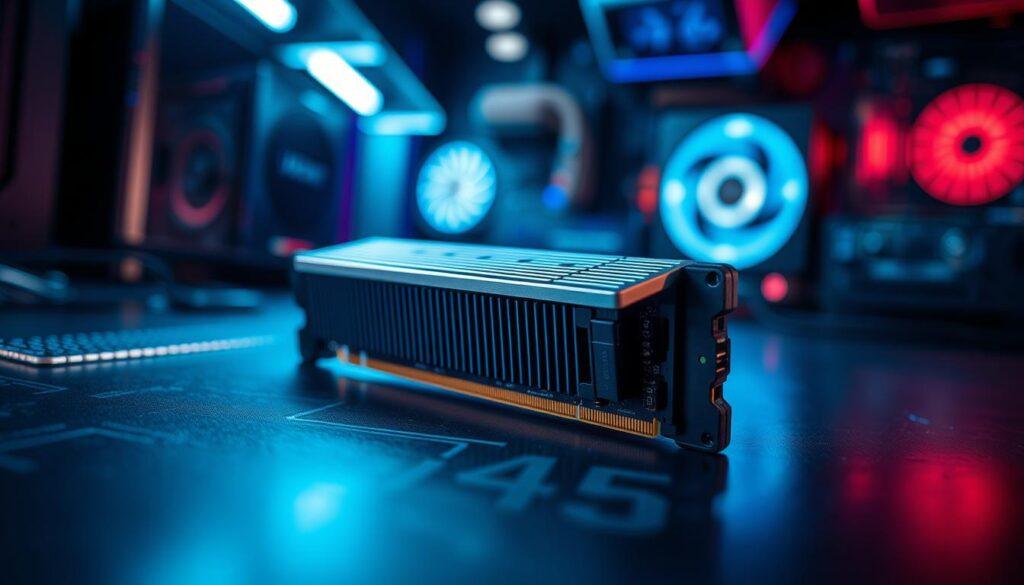 A close-up view of a cutting-edge NVMe Gen5 SSD showcasing its thermal solutions. In the foreground, focus on a sleek SSD mounted with advanced heat sinks and active cooling fans, glistening with metallic textures and high-tech design. The middle ground features thermal shields reflecting heat diffusion, highlighting efficient cooling mechanisms. The background consists of a softly blurred tech workspace with ambient blue lighting that conveys a high-performance atmosphere. Showcase the SSD angled for a dramatic perspective, capturing details like vent ports and circuitry. The overall mood is modern and intense, illustrating the balance of speed and thermal management in gaming technology.