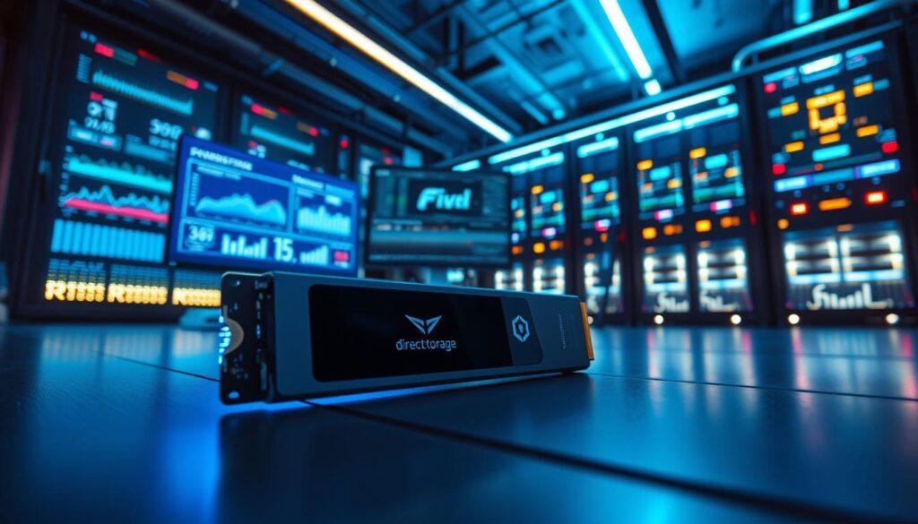 A futuristic data center setup showcasing DirectStorage Gen5 NVMe technology in action, emphasizing lightning-fast data transfers. In the foreground, a sleek, modern NVMe SSD is illuminated by a soft blue light, reflecting its advanced design. The middle ground features a high-tech workstation with computer monitors displaying real-time benchmarks and performance graphs, highlighting storage performance metrics. In the background, illuminated server racks with blinking LEDs create a dynamic atmosphere of activity and speed. The scene is captured from a low angle, conveying a sense of power and efficiency, with cool color tones enhancing the high-tech theme, suggesting innovation and seamless gaming experiences. The overall mood is energetic and forward-looking, representing the cutting-edge advancements in storage solutions.