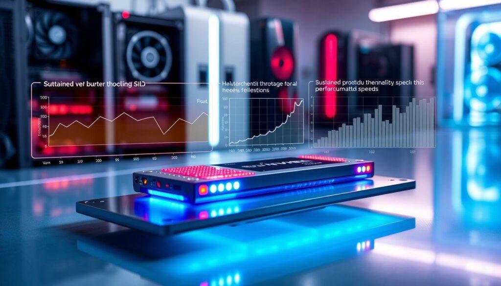 A high-tech laboratory setting showcasing a Gen5 NVMe SSD placed on a sleek, futuristic cooling pad. In the foreground, the SSD is prominently displayed with glowing LEDs to highlight its design and advanced engineering. Surrounding it, thermal imagery illustrates the temperature distribution, with areas of intense heat indicated in red and cooler zones in blue. In the middle ground, digital graphs and charts depict sustained versus burst performance metrics, representing how heat throttling affects speeds. The background contains blurred images of computer components and fans, creating a bustling tech environment. Soft, luminous blue and white lighting accentuates the modern aesthetics, while a slight lens vignette draws attention to the SSD and its thermal dynamics, conveying an atmosphere of innovation and cutting-edge technology.