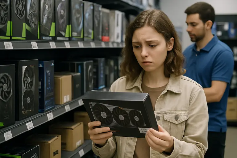 A gamer comparing PC parts on a monitor with a notepad and keyboard nearby