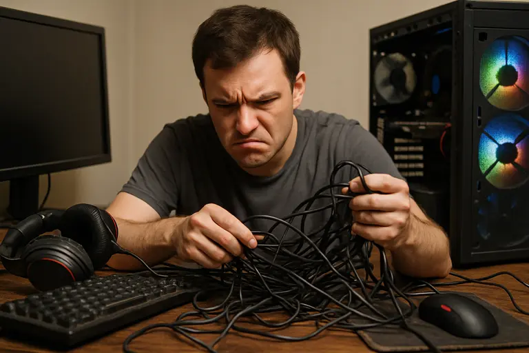 Crowded desk with gaming peripherals and PC components before sorting