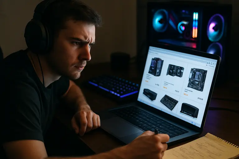 Gamer reviewing a parts list beside a monitor and desktop tower