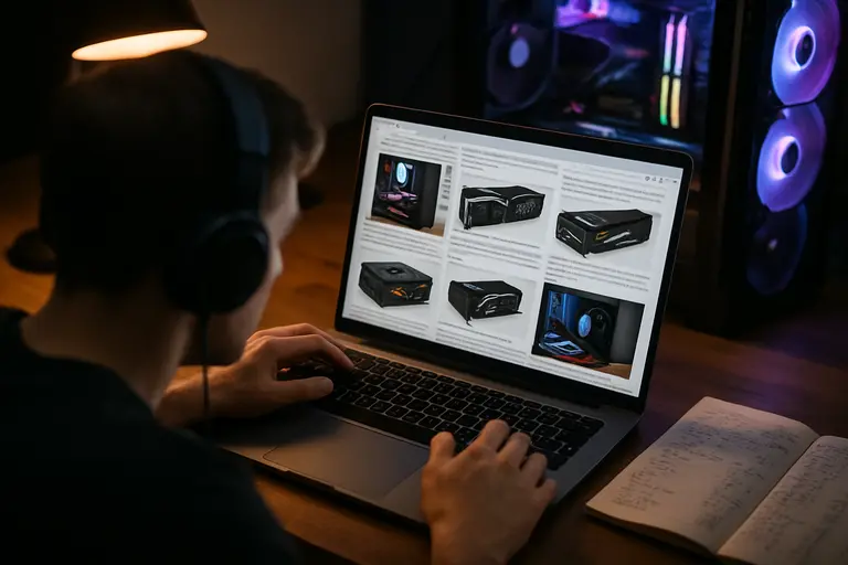 Gaming monitor, graphics card box, and PC components arranged for a build