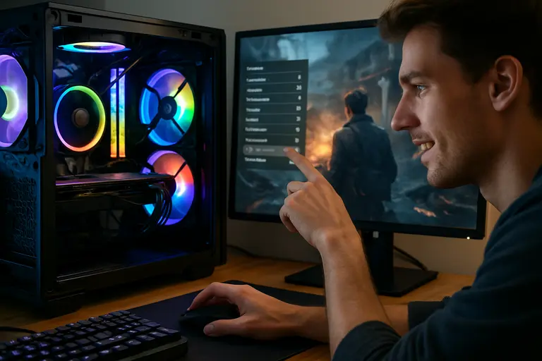 Gaming PC with performance graphs displayed during a game test