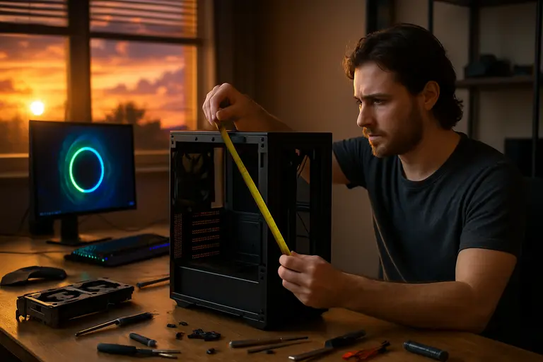 PC builder comparing a graphics card with other components on a desk