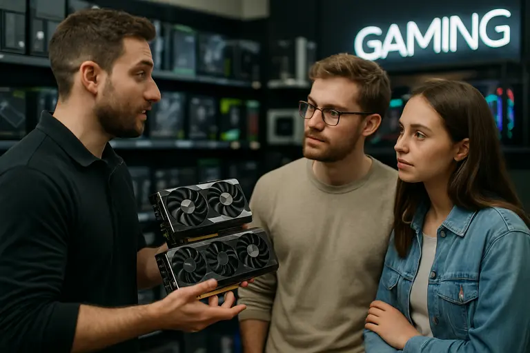 Player checking PC components near a monitor and controller