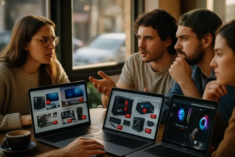 Person comparing gaming hardware prices on a laptop at a desk
