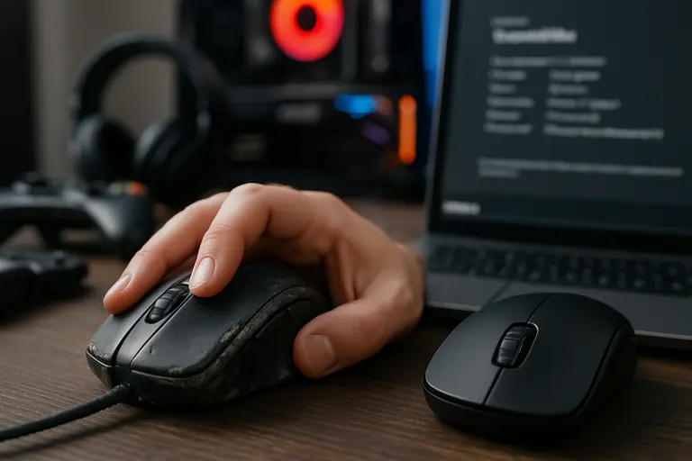 Gaming mouse, keyboard, and headset arranged on a desk mat