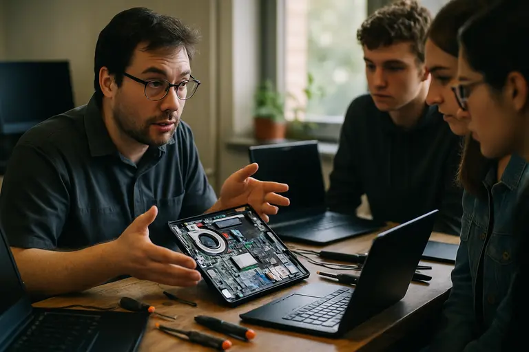 Gaming laptop side ports with connected mouse, headset, and external drive
