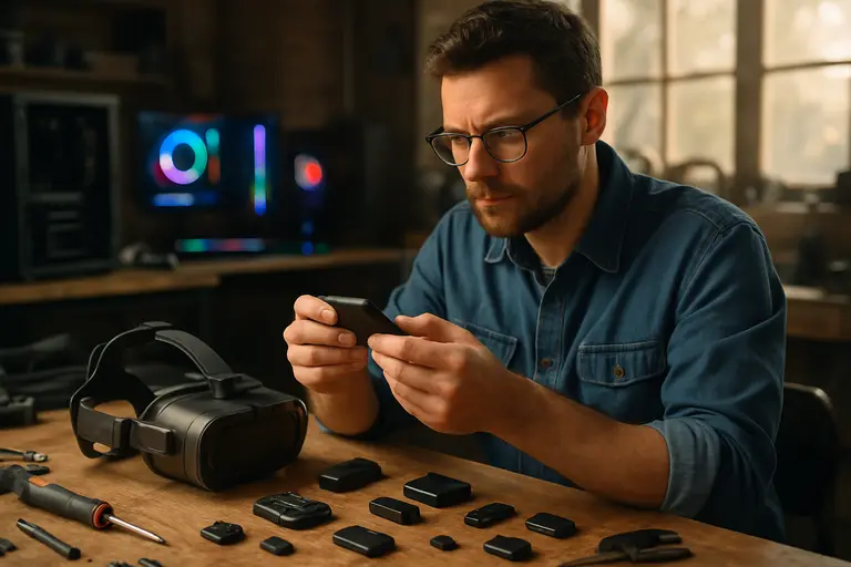 VR headset with small camera modules and accessory parts nearby