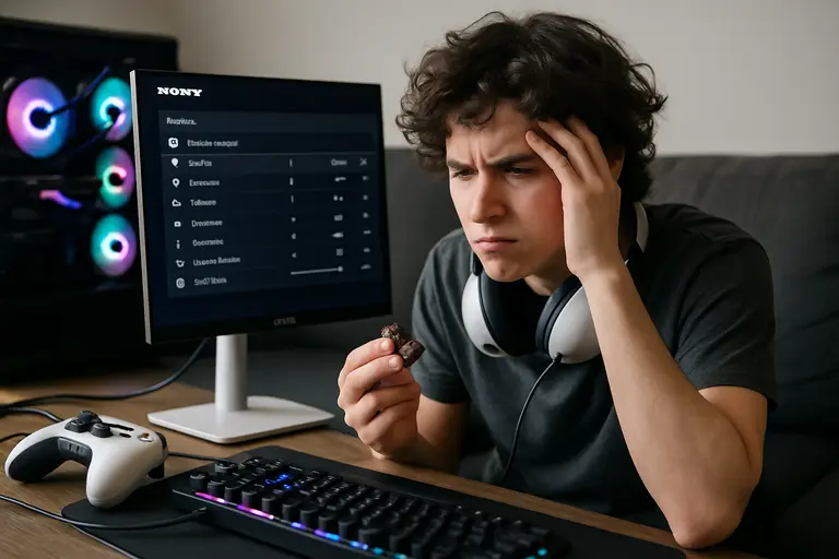 Gaming monitor beside a desktop PC with graphics card visible through a side panel