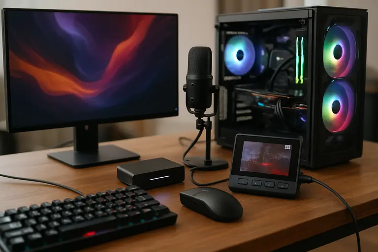 Desktop setup with a gaming PC and external capture gear on a desk