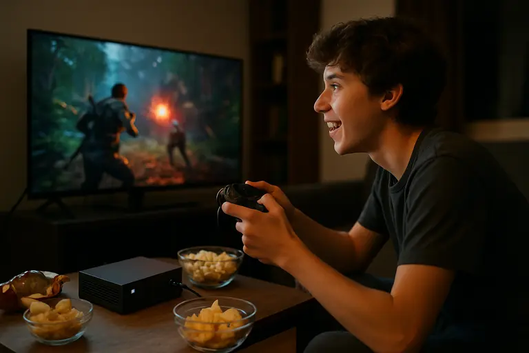 Mini PC under a TV with a controller and headset on a media console
