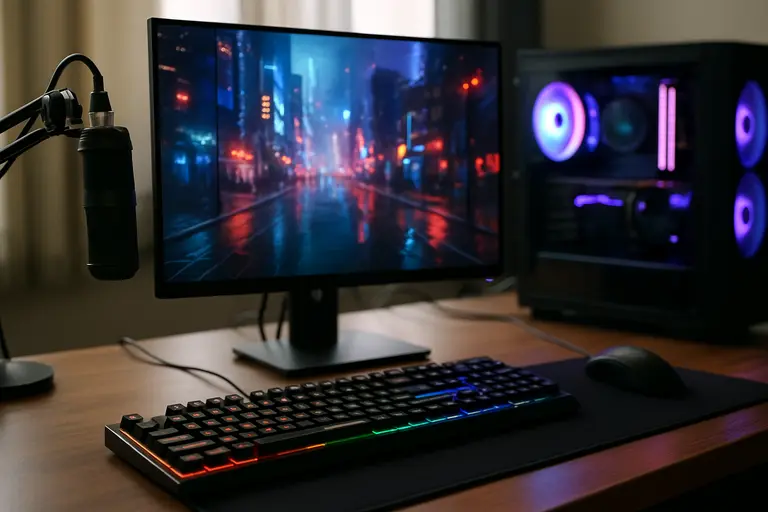 Gaming and streaming desk with keyboard, mouse, microphone, and monitor