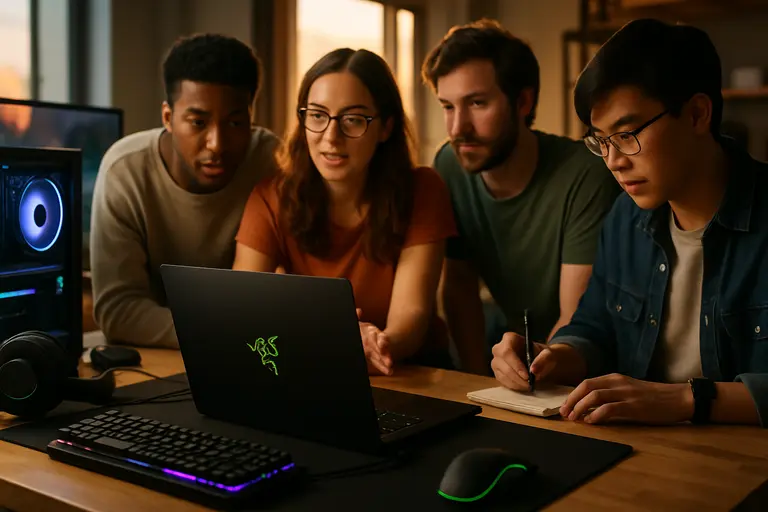 Gaming laptop raised on a stand with a mouse and external keyboard