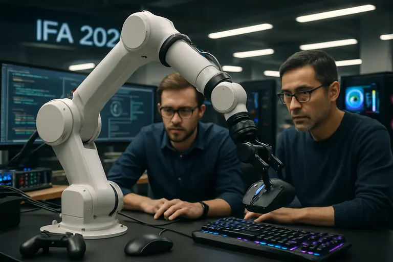 Humanoid robot demonstration near consumer electronics displays