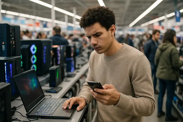 Shopper comparing gaming hardware prices on a monitor beside a notepad
