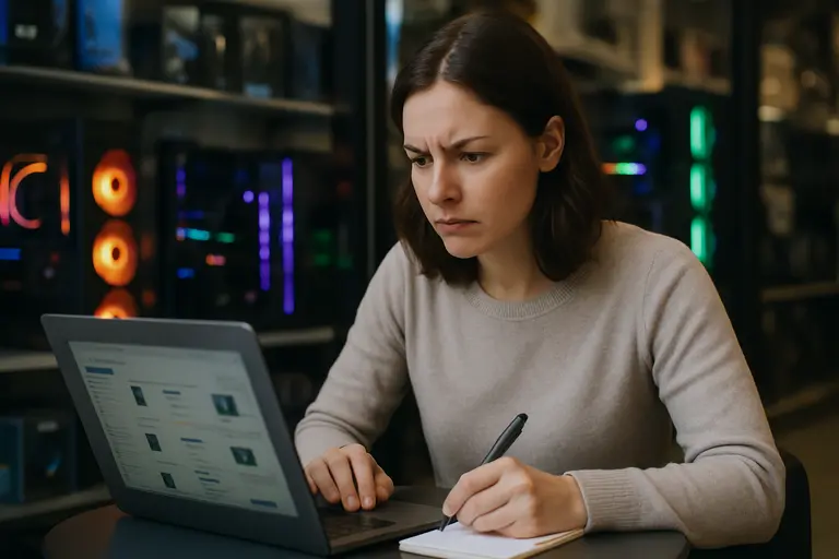 Shopper comparing PC accessory prices on a laptop at a desk