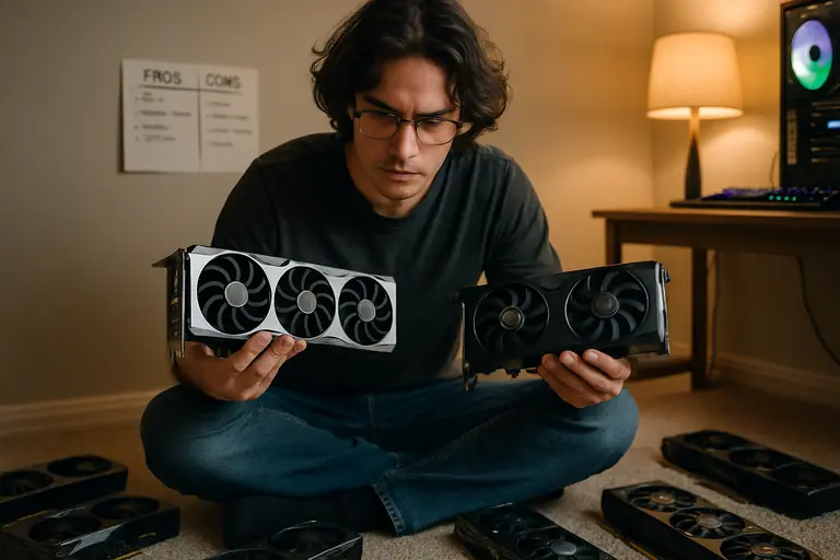 Balanced gaming PC interior with visible cooling, power cables, and graphics card