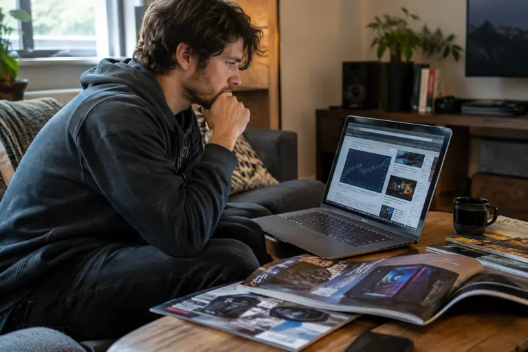 Gamer comparing PC parts and budget notes beside a desktop build