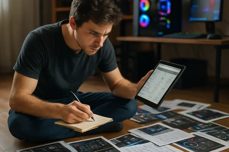 Gamer comparing PC parts on a monitor beside an open desktop case