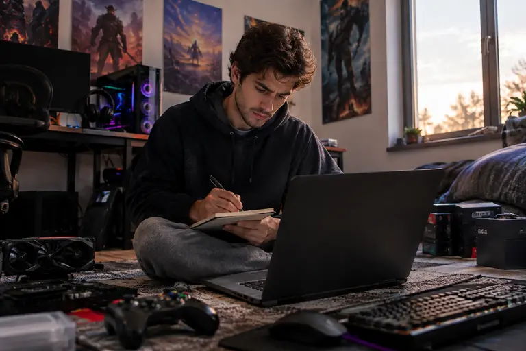 Gaming desktop components arranged with a parts checklist